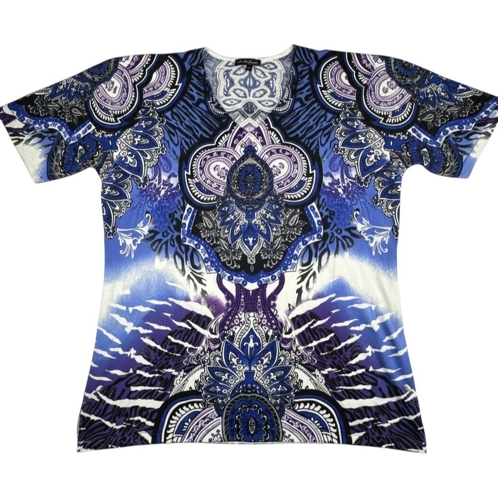Pierri New‎ York Womens Top 2X Rayon Blend Bohemian Paisley Mandala V-Neck Shirt
